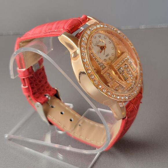 GoGoey Paris Eiffel Tower Watch Crystal Accents Red Strap Quartz 38mm Women’s - Picture 6 of 14
